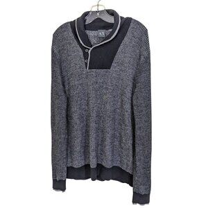 Armani Exchange AX Men's Gray Shawl Collar Button-Neck Wool Sweater Navy Blue